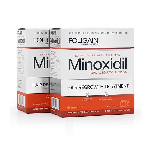 Two boxes of Foligain Minoxidil hair regrowth treatment on a white background