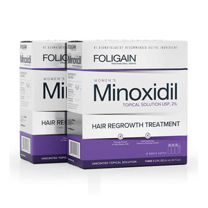 Two boxes of Foligain Women's Minoxidil Hair Regrowth Treatment on a white background