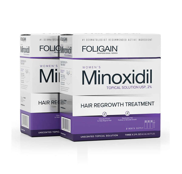 Two boxes of Foligain Women's Minoxidil Hair Regrowth Treatment on a white background